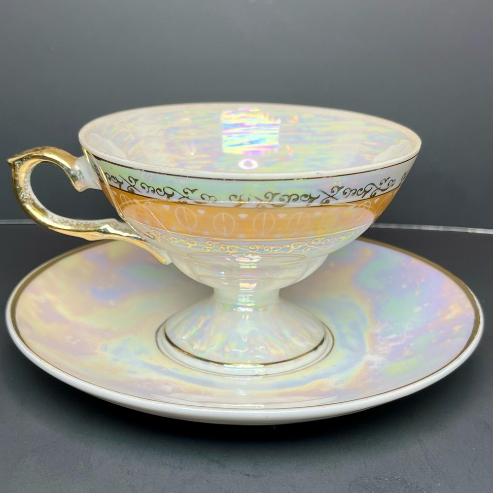 Vintage De Fuiseaux Baudour Belgium Lustreware Cup And Saucer Gold Trim